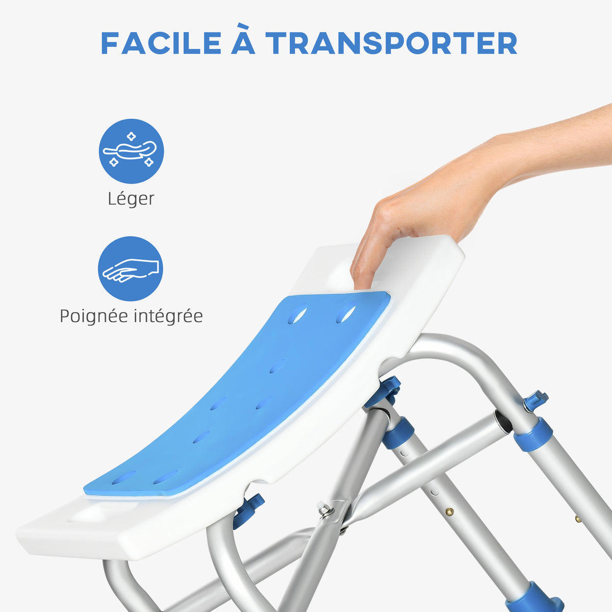 Douchestoel douchekruk - gevoerde en verstelbare zitting, antislip zuignapdoppen, van blauw aluminium