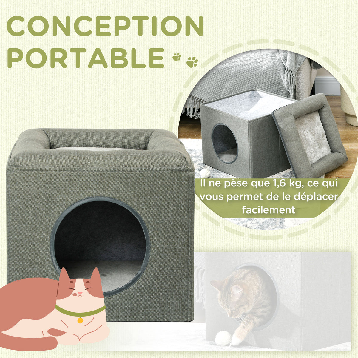 Niche voor kat met 2 niveaus en zacht pluche kussen - 36,5 x 36,5 x 33 cm grijs