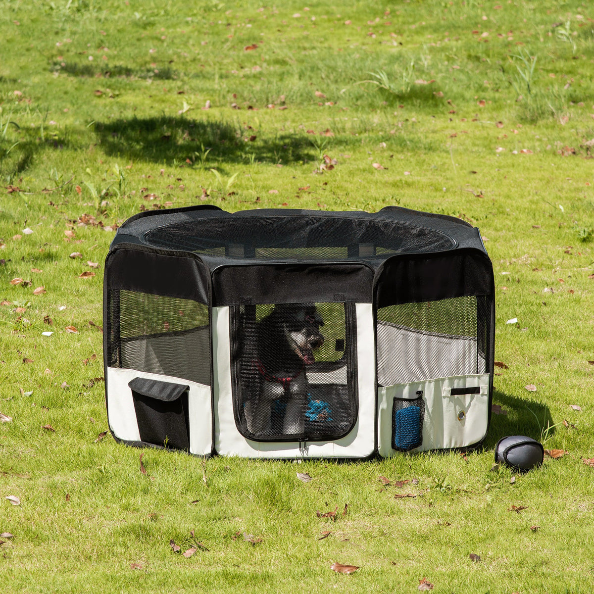 Parc enclos pliable pour chien chat petits animaux octogonal en tissu Oxford et acier - Ø 120 x 58H cm - noir et crème - Alma Nova Care