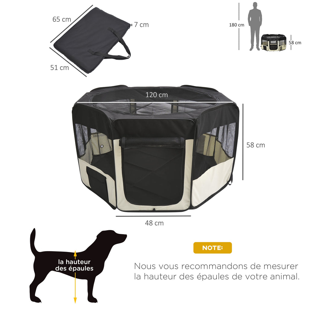 Parc enclos pliable pour chien chat petits animaux octogonal en tissu Oxford et acier - Ø 120 x 58H cm - noir et crème - Alma Nova Care