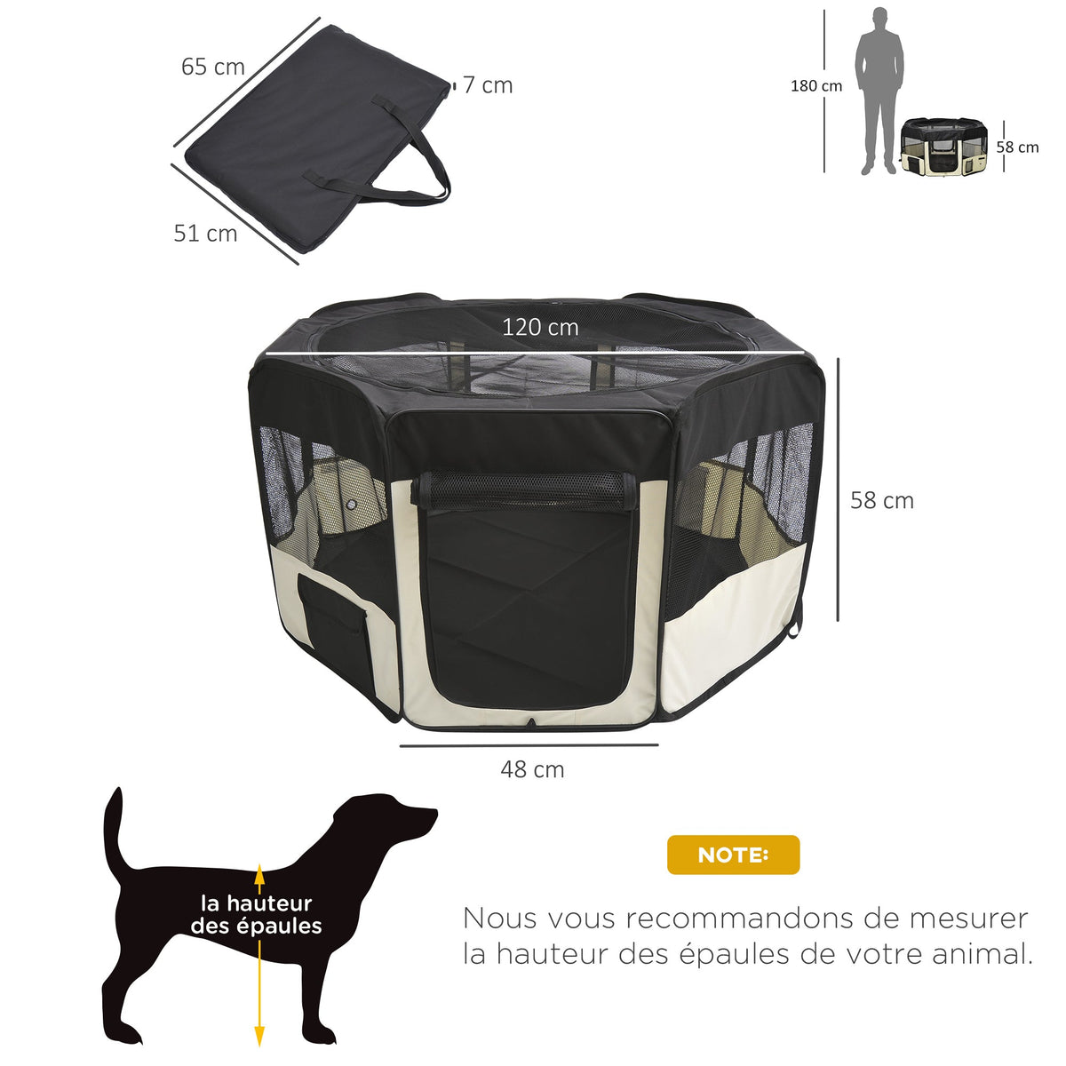 Parc enclos pliable pour chien chat petits animaux octogonal en tissu Oxford et acier - Ø 120 x 58H cm - noir et crème - Alma Nova Care