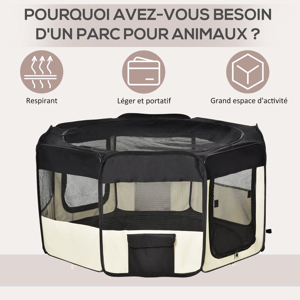 Parc enclos pliable pour chien chat petits animaux octogonal en tissu Oxford et acier - Ø 120 x 58H cm - noir et crème - Alma Nova Care
