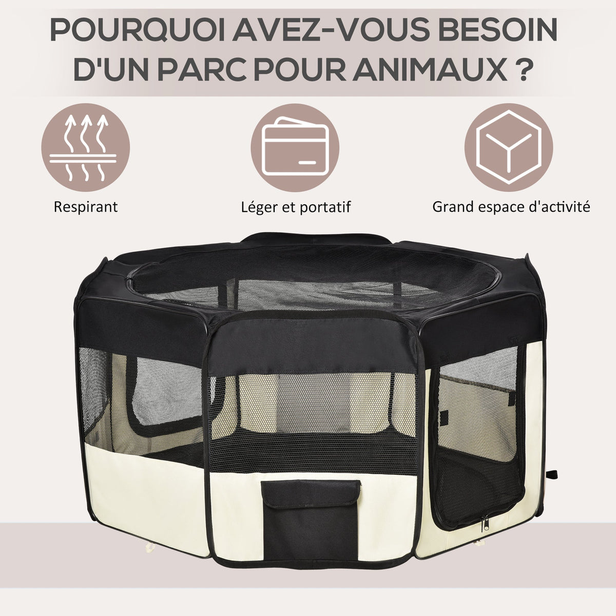 Parc enclos pliable pour chien chat petits animaux octogonal en tissu Oxford et acier - Ø 120 x 58H cm - noir et crème - Alma Nova Care