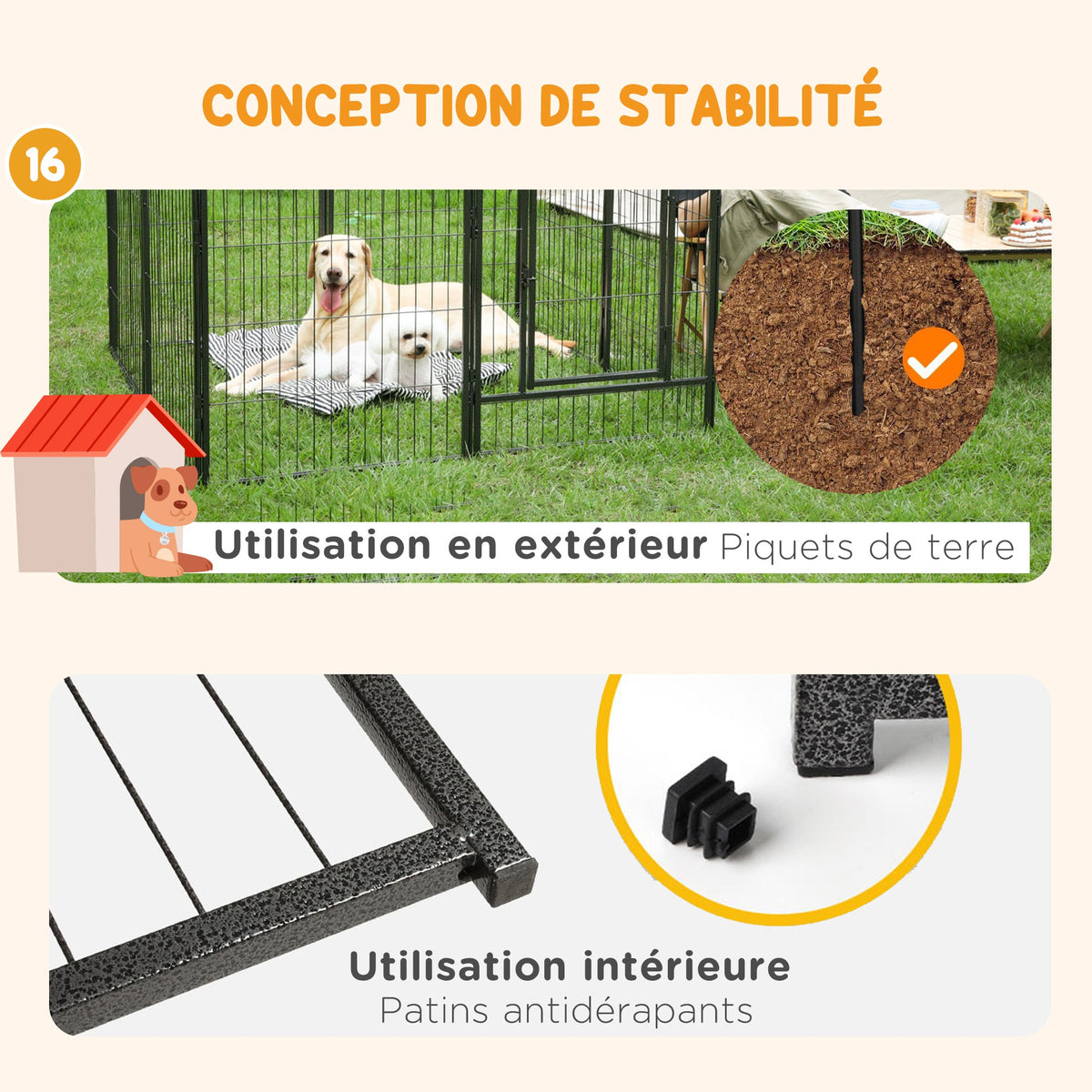Parc pour chien, enclos chien 16 panneaux modulable et pliable, portable en acier avec portes 80 x 60 gris - Alma Nova Care
