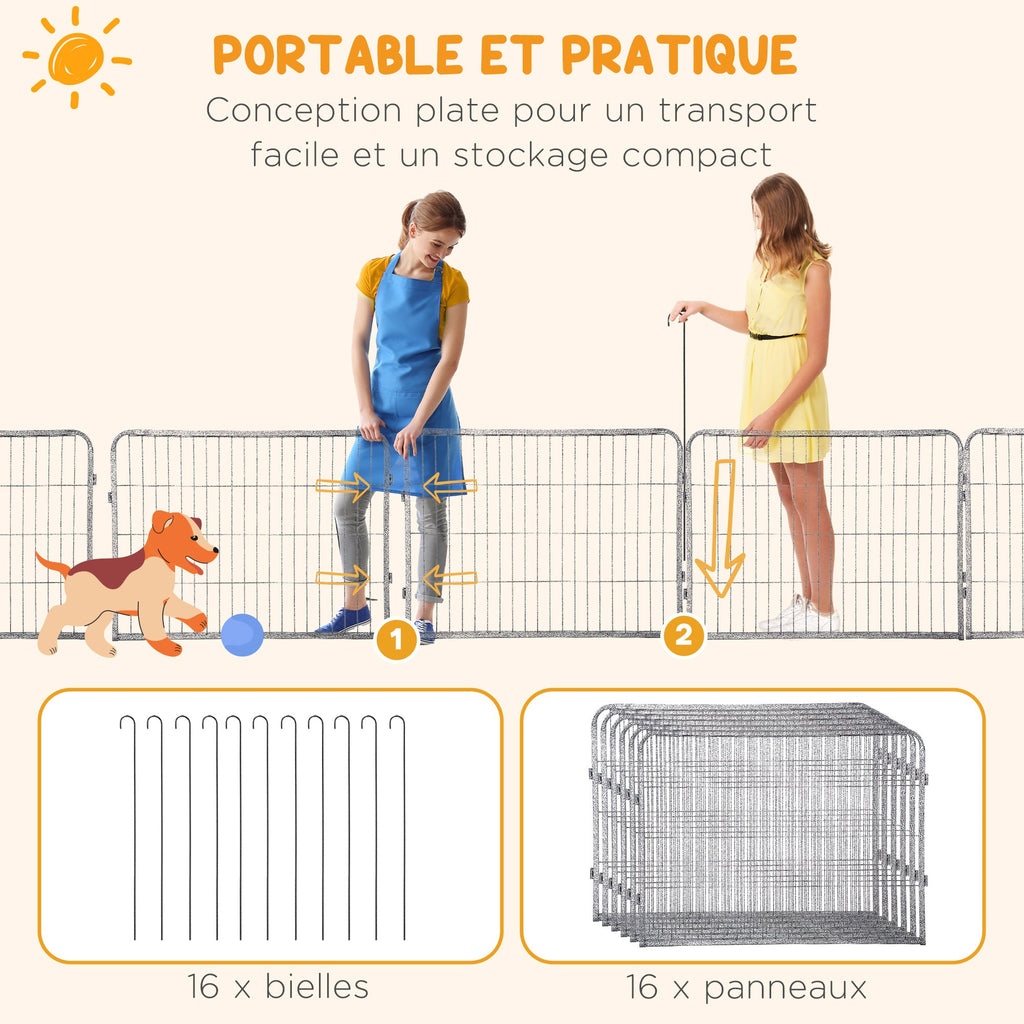 Parc pour chien, enclos chien 16 panneaux modulable et pliable, portable en acier avec portes 80 x 60 gris - Alma Nova Care