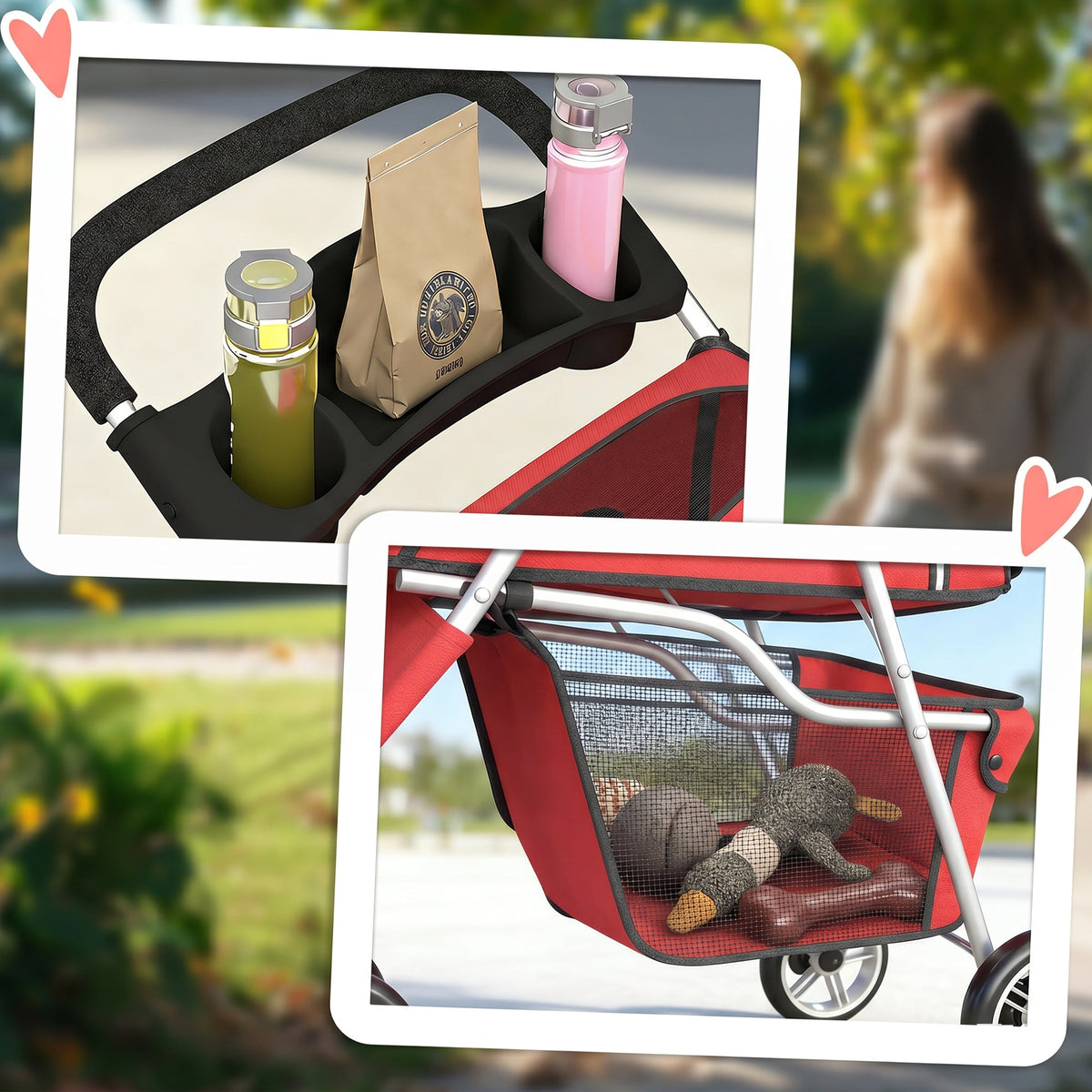 Poussette pour Chien 4 Roues, Chariot Pliable avec Auvent Réglable, Panier de Rangement, 77x44x102cm, Rouge - Alma Nova Care