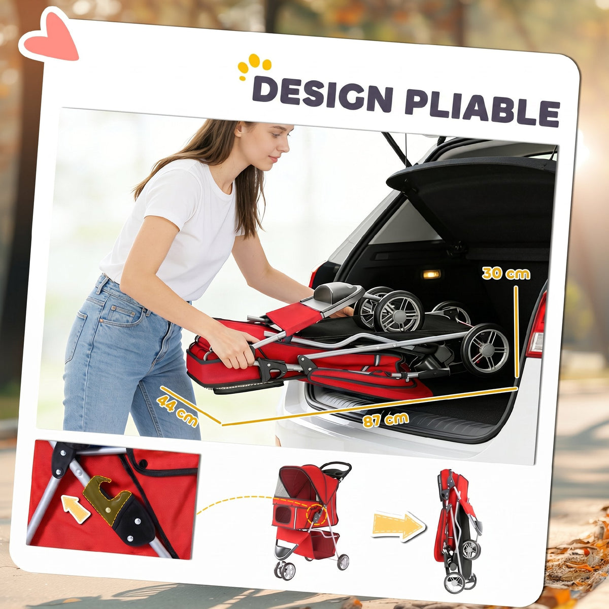 Poussette pour Chien 4 Roues, Chariot Pliable avec Auvent Réglable, Panier de Rangement, 77x44x102cm, Rouge - Alma Nova Care