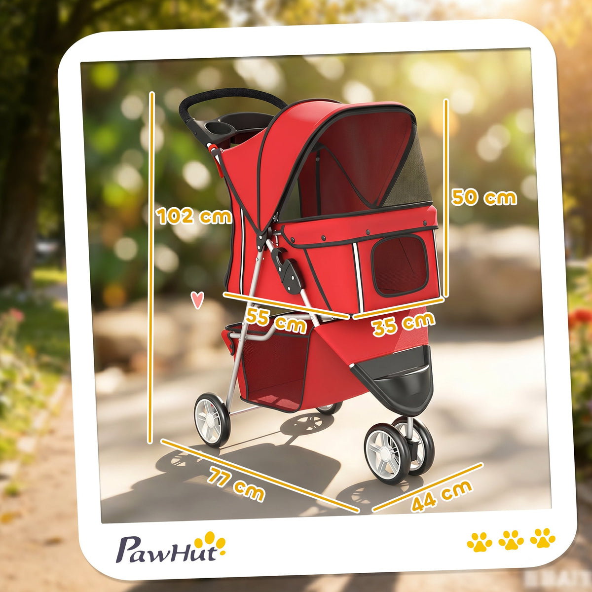 Poussette pour Chien 4 Roues, Chariot Pliable avec Auvent Réglable, Panier de Rangement, 77x44x102cm, Rouge - Alma Nova Care