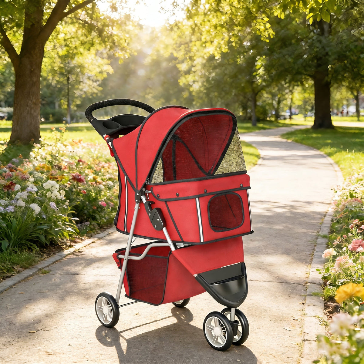 Poussette pour Chien 4 Roues, Chariot Pliable avec Auvent Réglable, Panier de Rangement, 77x44x102cm, Rouge - Alma Nova Care