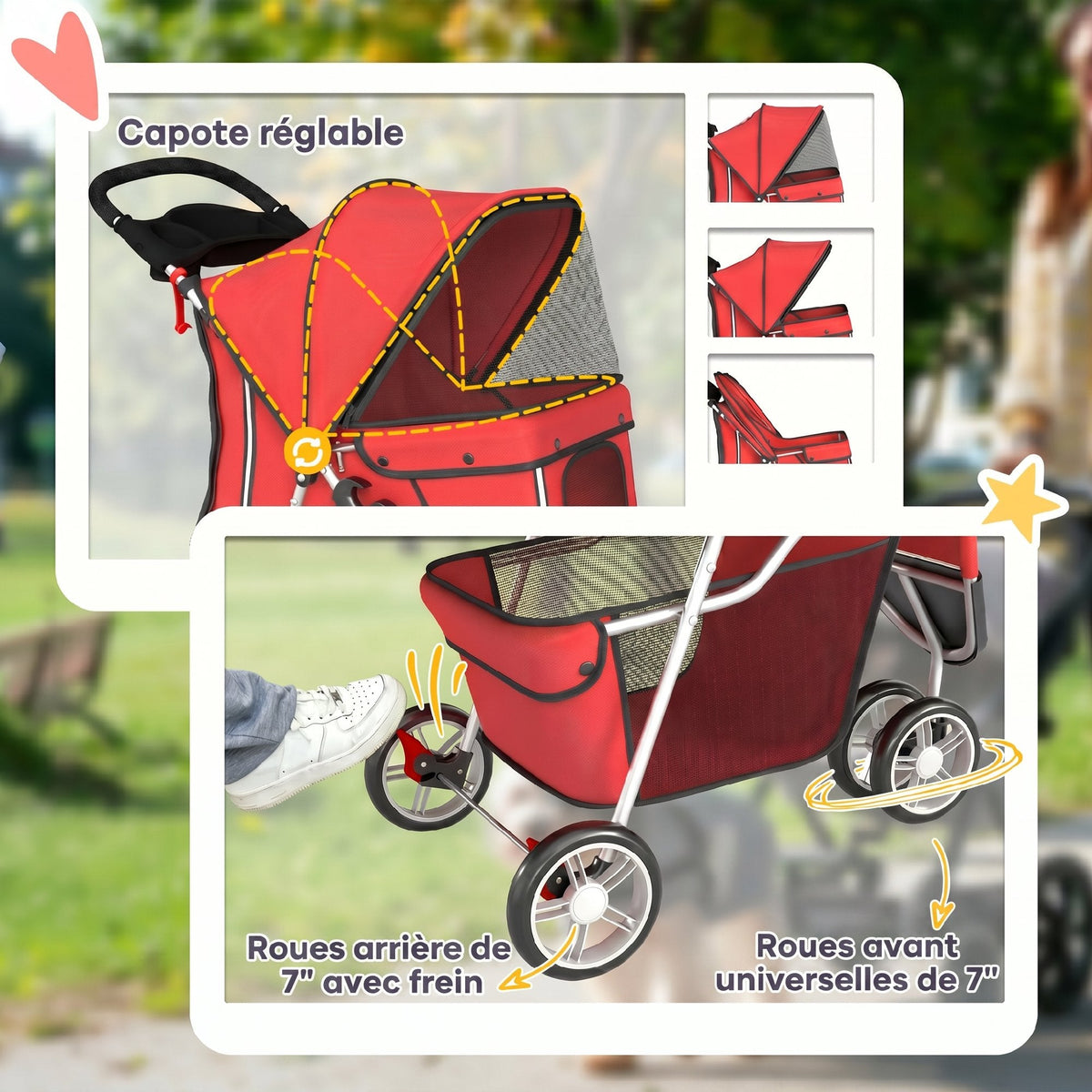 Poussette pour Chien 4 Roues, Chariot Pliable avec Auvent Réglable, Panier de Rangement, 77x44x102cm, Rouge - Alma Nova Care