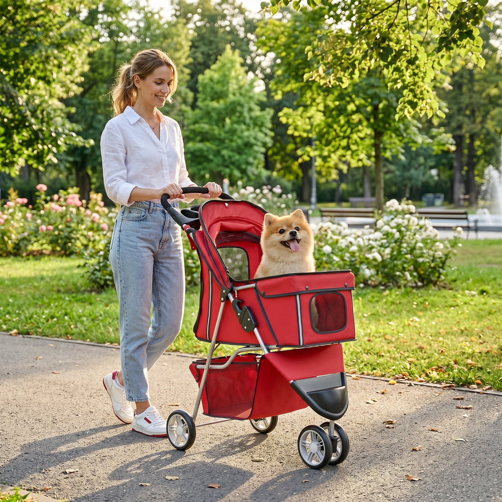 Poussette pour Chien 4 Roues, Chariot Pliable avec Auvent Réglable, Panier de Rangement, 77x44x102cm, Rouge - Alma Nova Care