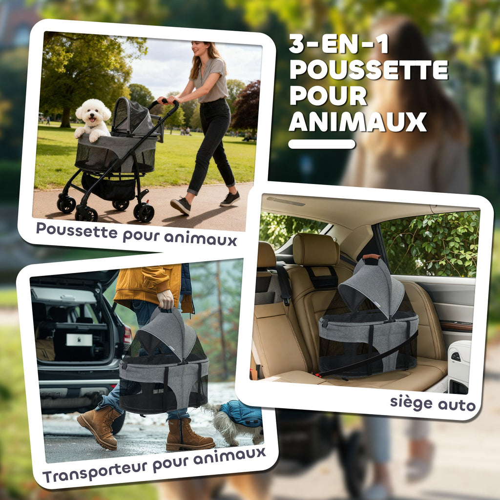Poussette pour Chien Pousse-Chien 3 en 1 Détachable Pliable Nacelle Amovible et Sans Fermeture Éclair Suspension Gris - Alma Nova Care