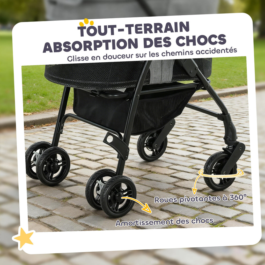 Poussette pour Chien Pousse-Chien 3 en 1 Détachable Pliable Nacelle Amovible et Sans Fermeture Éclair Suspension Gris - Alma Nova Care