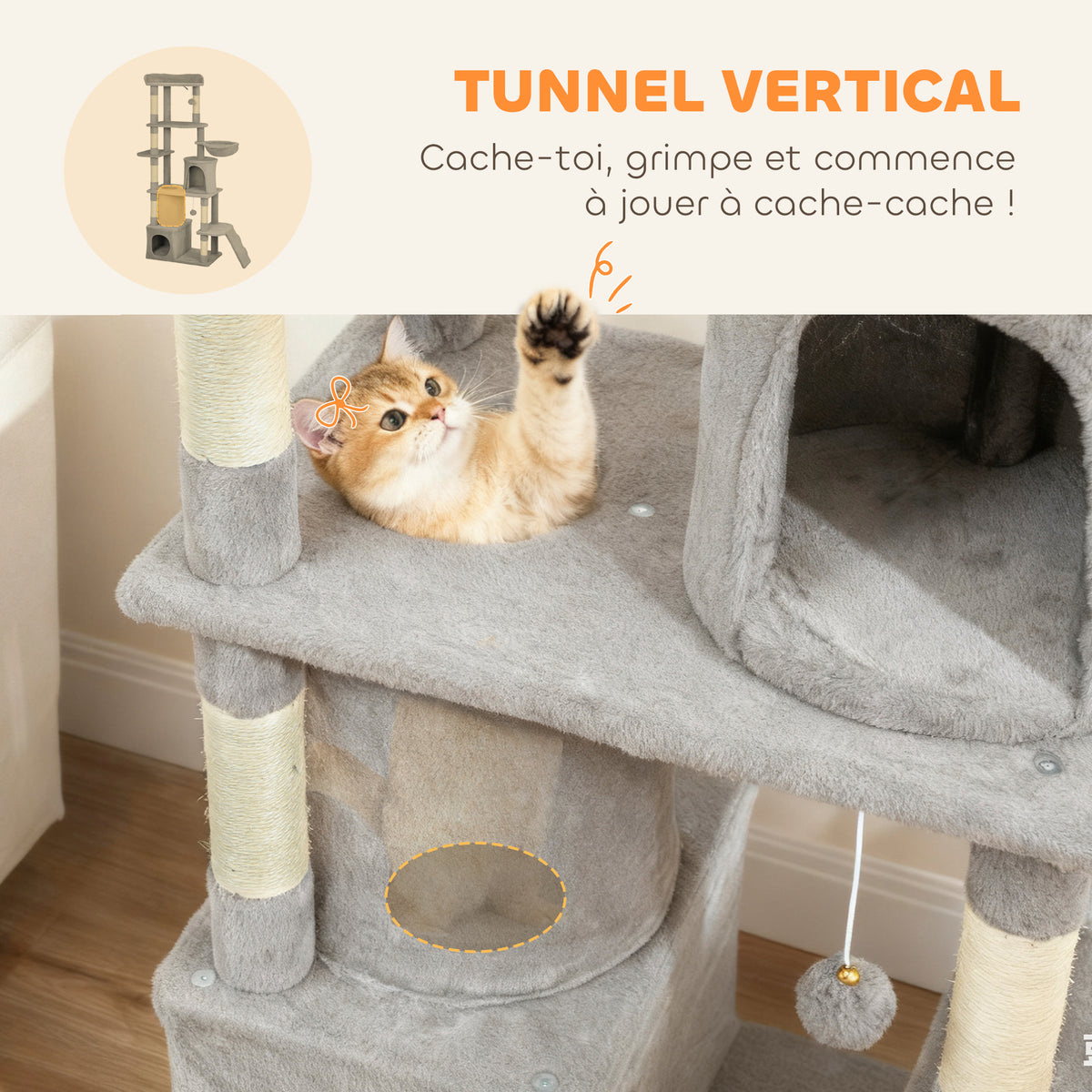 Krabpaal speeltoren 7 krabpalen 3 platforms 2 huisjes tunnel hangmat en 2 pluche balletjes 170 cm donkergrijs
