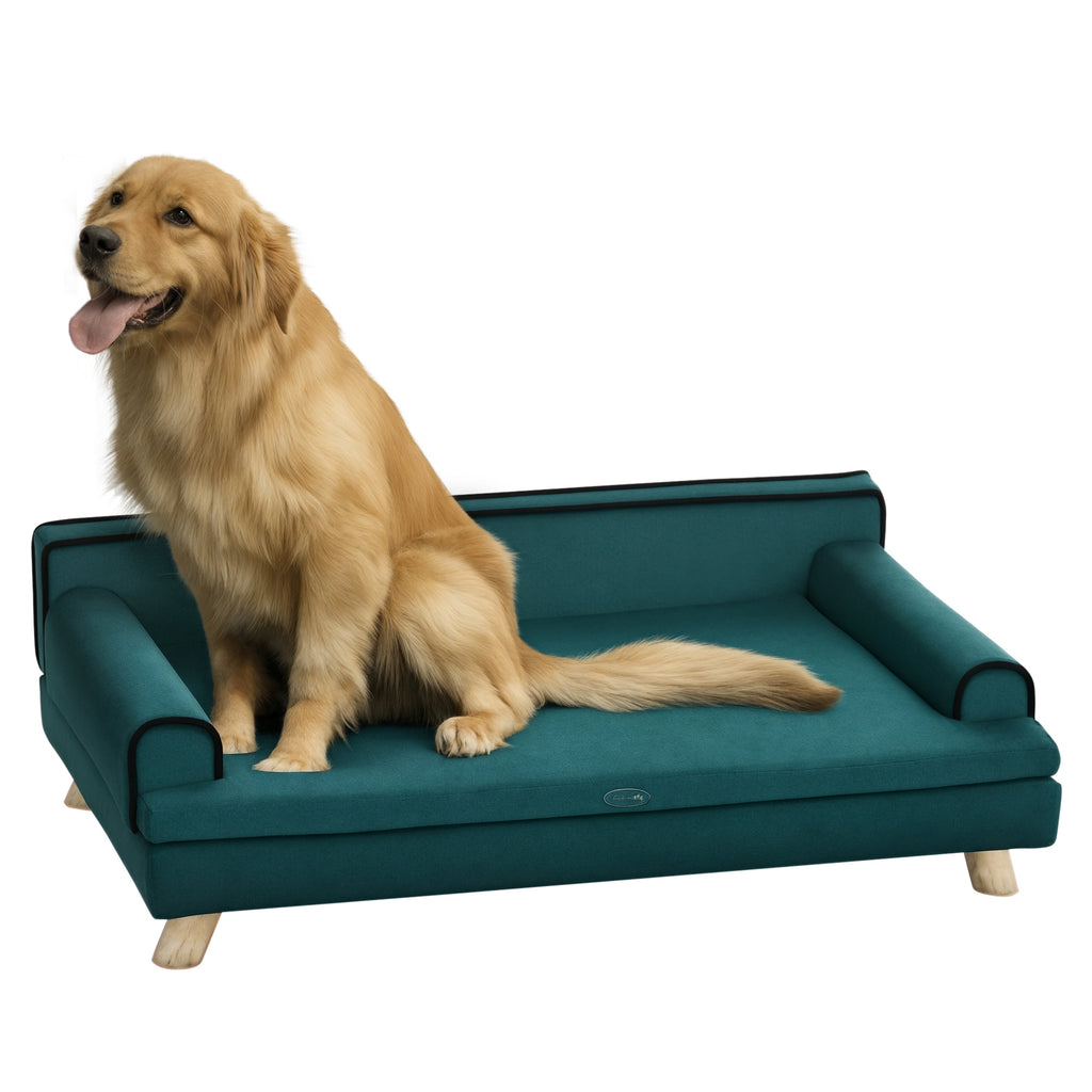 Design Scandinavisch honden- en kattenbankje, zacht uitneembaar kussen, poten van massief hout, 100 x 62 x 32 cm, eendeblauw