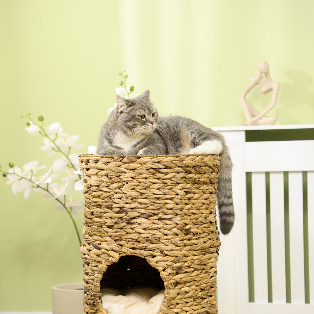Tonneau à Gratter pour Chat 3 Niveaux, Coussins, Tressage en Jacinthe d'Eau, Cadre en Acier, Ø 40 x 73 cm, Marron Clair