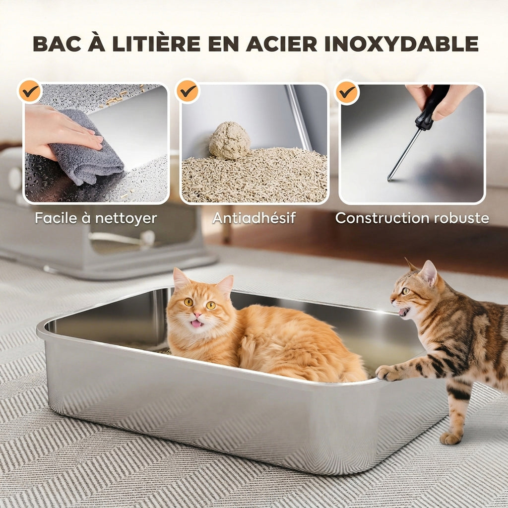 XXL Roestvrijstalen Kattentoilet, 90° Deksel, Dubbele Deur, Frontfilter, Schepje, 70x50x46,5cm, Grijs