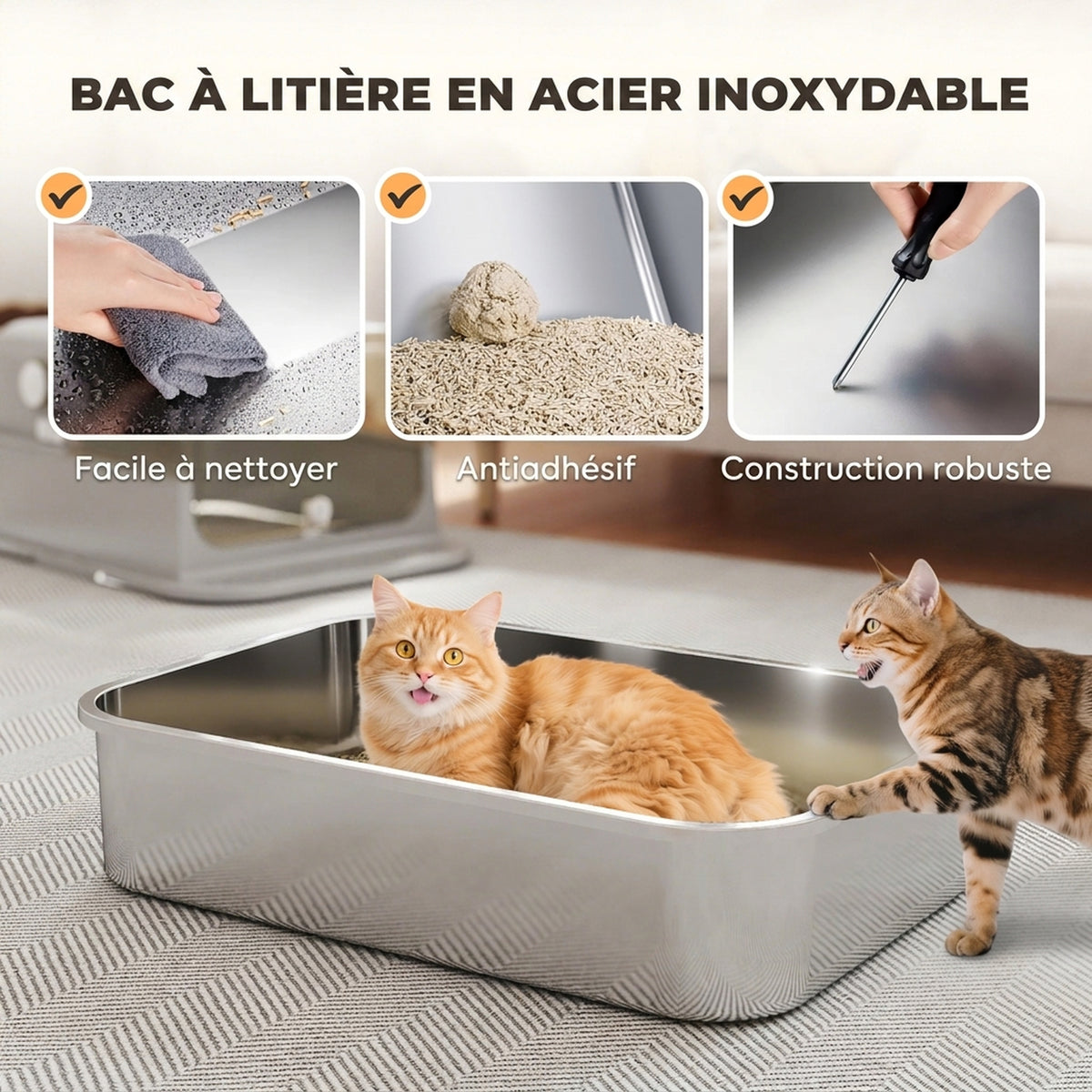 XXL Roestvrijstalen Kattentoilet, 90° Deksel, Dubbele Deur, Frontfilter, Schepje, 70x50x46,5cm, Grijs