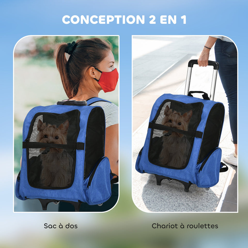 Sac de transport à roulettes pour chien 2 en 1 trolley chariot sac à dos pour chien chat avec poignée téléscopique, sacs de rangement, aérations, attache de sécurité, 42 x 25 x 55 cm, bleu - Alma Nova Care
