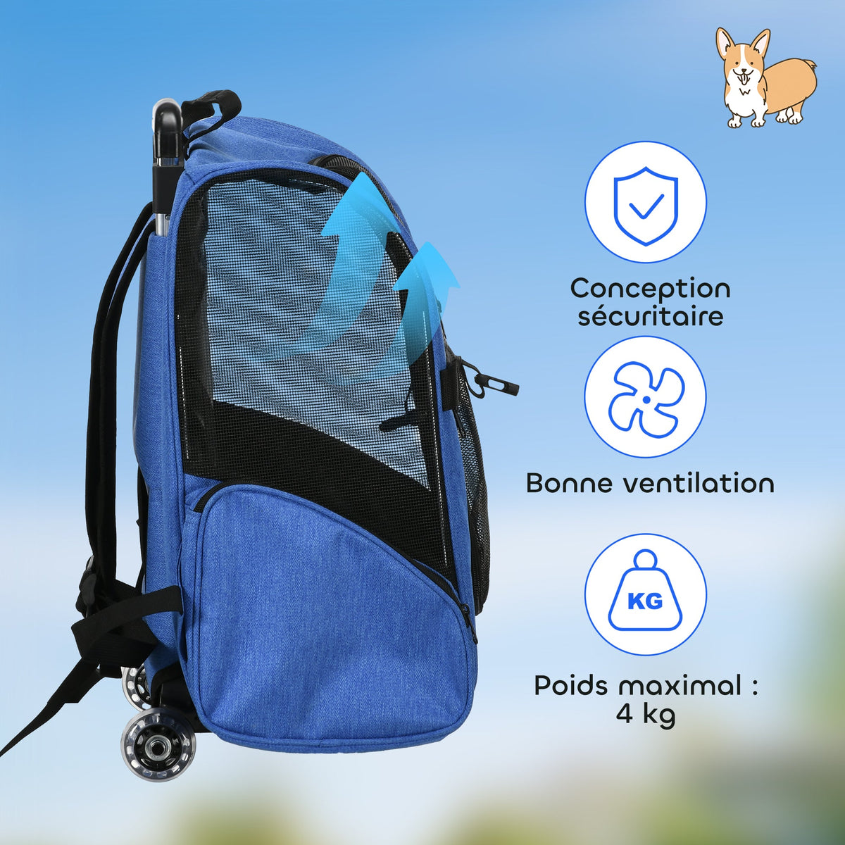 Sac de transport à roulettes pour chien 2 en 1 trolley chariot sac à dos pour chien chat avec poignée téléscopique, sacs de rangement, aérations, attache de sécurité, 42 x 25 x 55 cm, bleu - Alma Nova Care