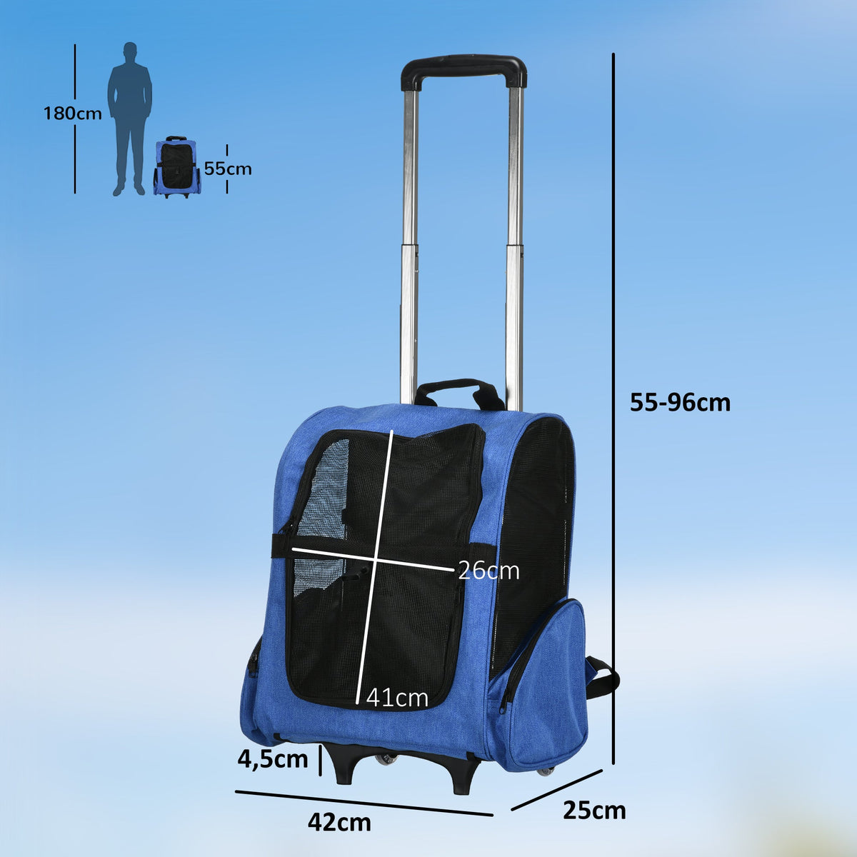 Sac de transport à roulettes pour chien 2 en 1 trolley chariot sac à dos pour chien chat avec poignée téléscopique, sacs de rangement, aérations, attache de sécurité, 42 x 25 x 55 cm, bleu - Alma Nova Care