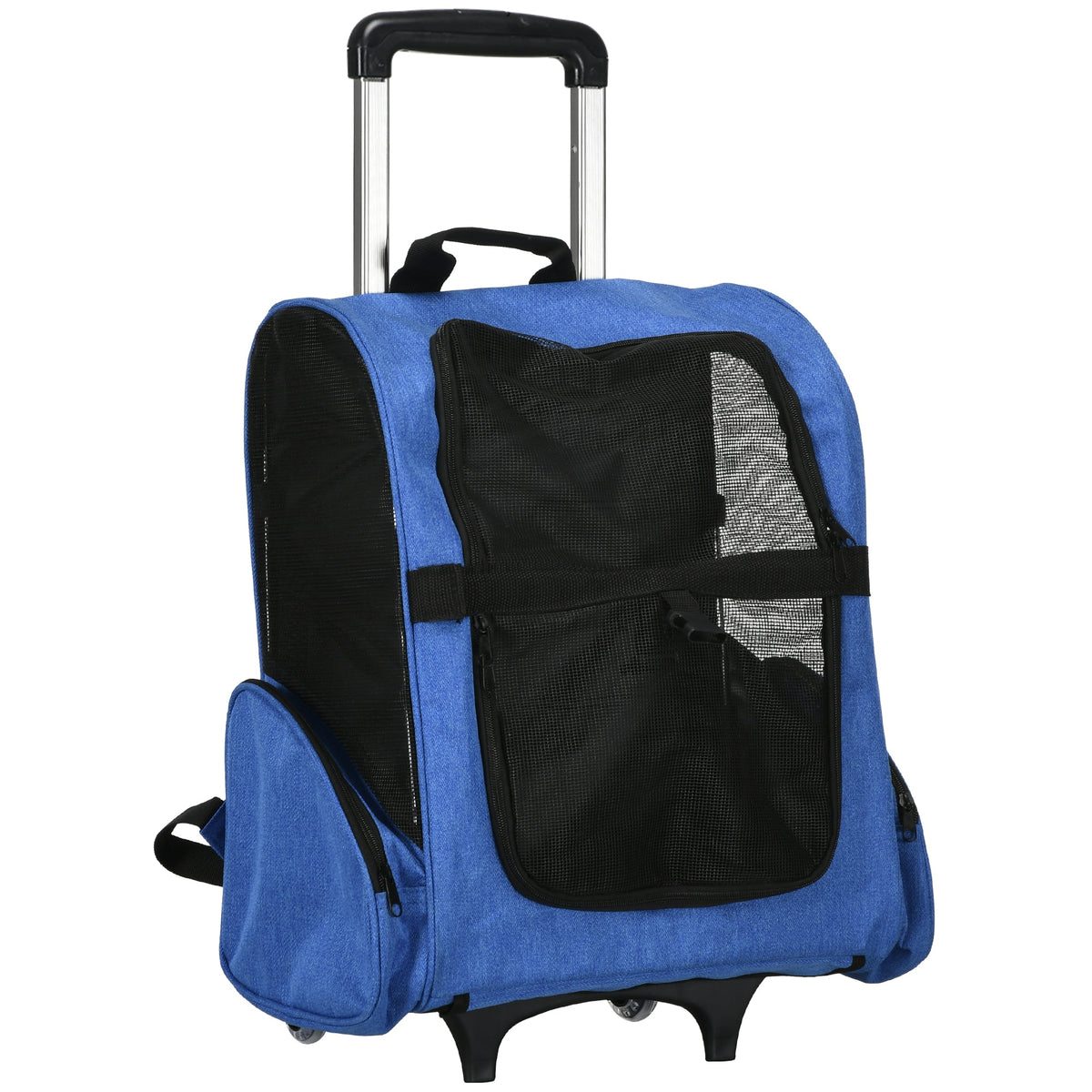 Sac de transport à roulettes pour chien 2 en 1 trolley chariot sac à dos pour chien chat avec poignée téléscopique, sacs de rangement, aérations, attache de sécurité, 42 x 25 x 55 cm, bleu - Alma Nova Care