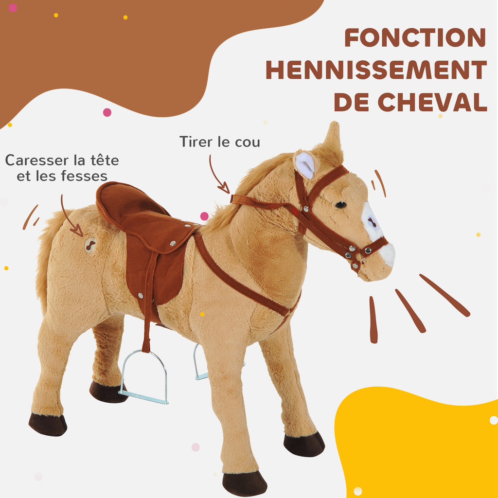 Staand pluche paard voor kinderen vanaf 2 jaar met geluidseffecten, zadel en hoofdstel, 85 cm (lengte), beige