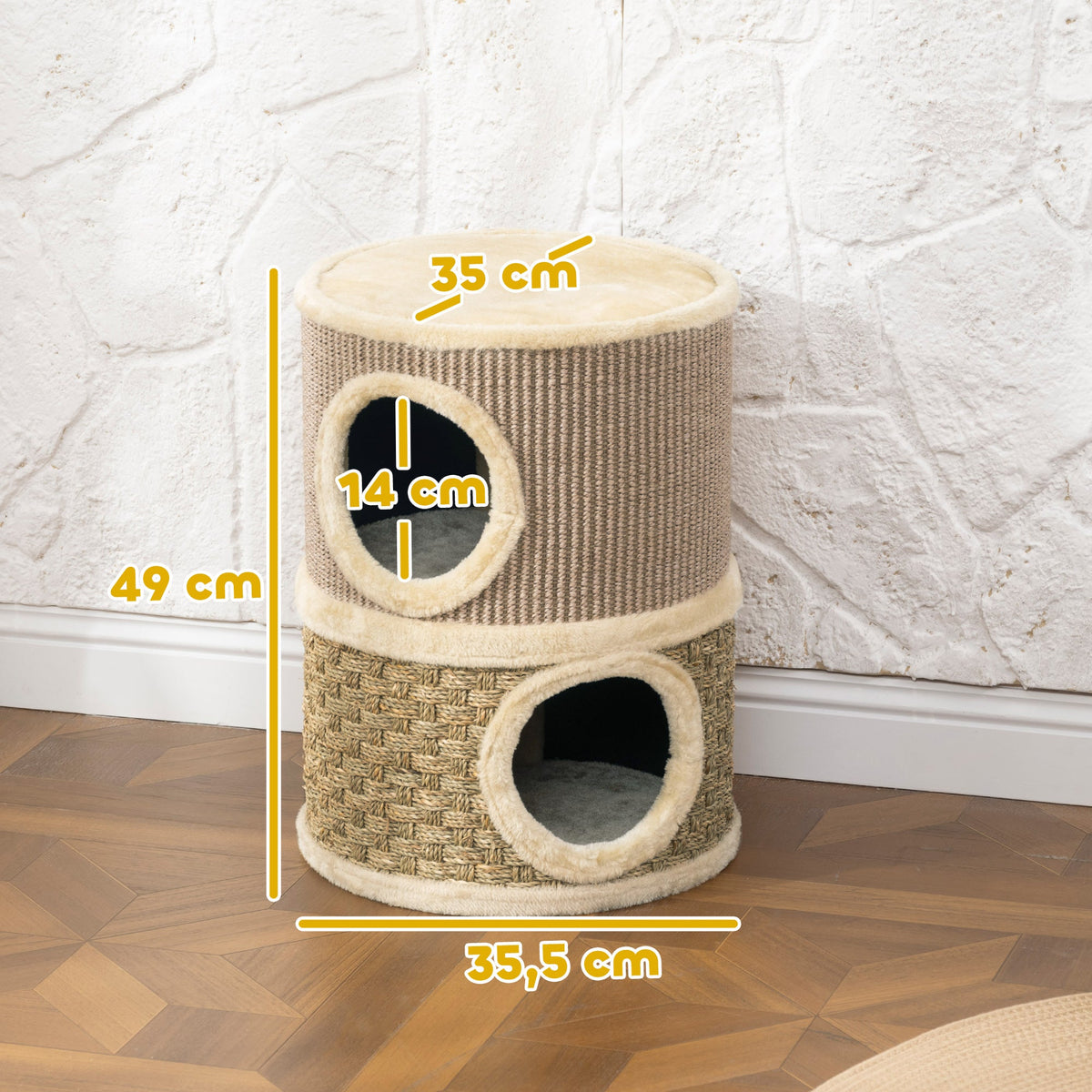 Tonneau à gratter pour chat arbre à chat sisal naturel et herbiers marins recouvert de peluche 35,5x35,5x49cm kaki café - Alma Nova Care