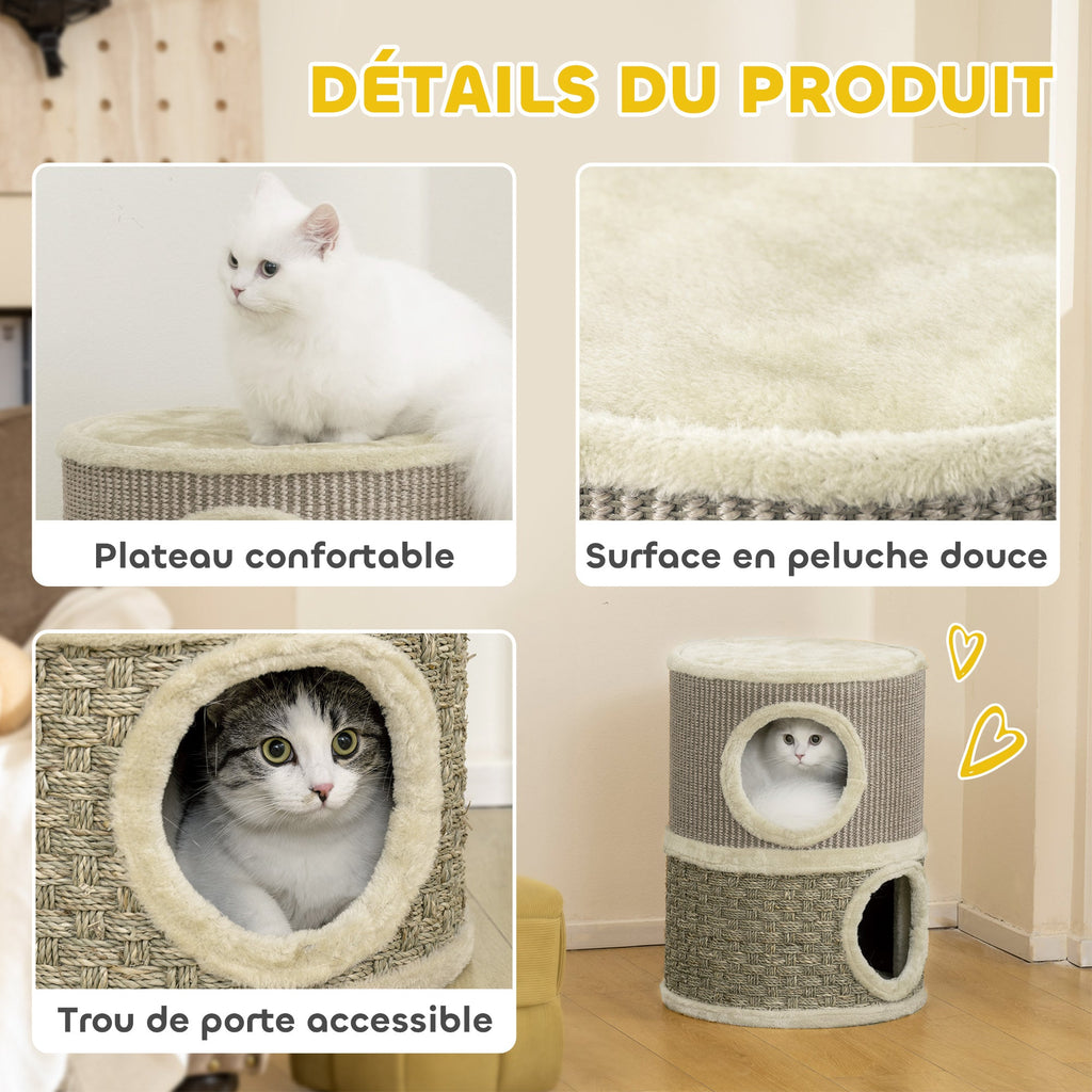 Tonneau à gratter pour chat arbre à chat sisal naturel et herbiers marins recouvert de peluche 35,5x35,5x49cm kaki café - Alma Nova Care