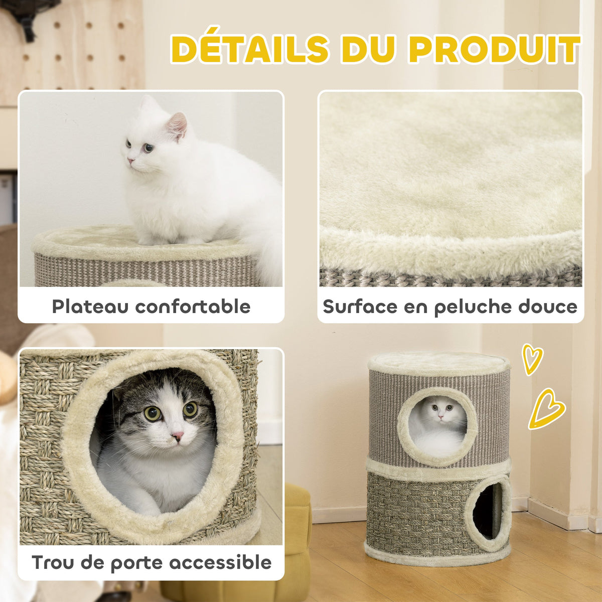 Tonneau à gratter pour chat arbre à chat sisal naturel et herbiers marins recouvert de peluche 35,5x35,5x49cm kaki café - Alma Nova Care