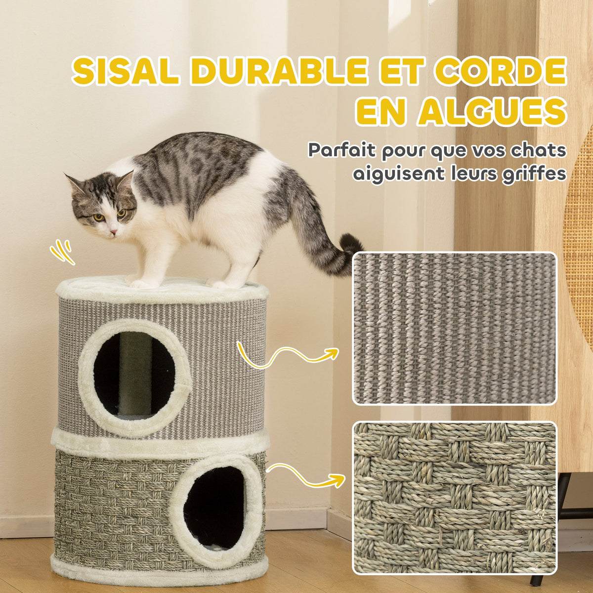 Tonneau à gratter pour chat arbre à chat sisal naturel et herbiers marins recouvert de peluche 35,5x35,5x49cm kaki café - Alma Nova Care