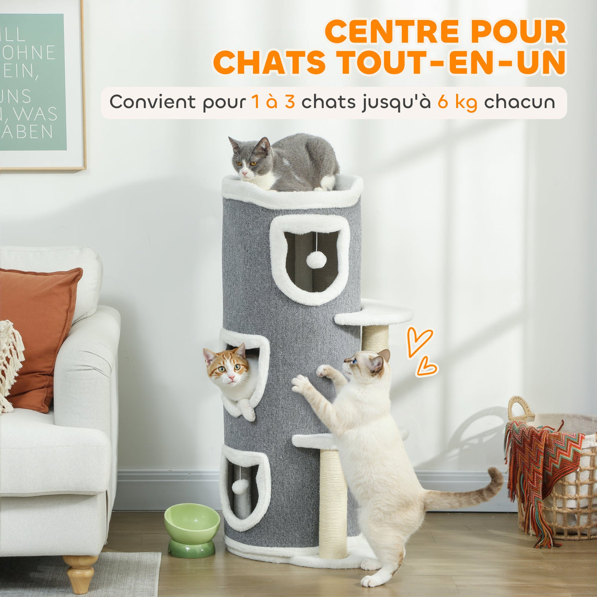 Tour pour chat à 4 niveaux arbre à chat stable avec griffoirs en sisal et bord en peluche 2 plateformes 50x36x101cm gris - Alma Nova Care