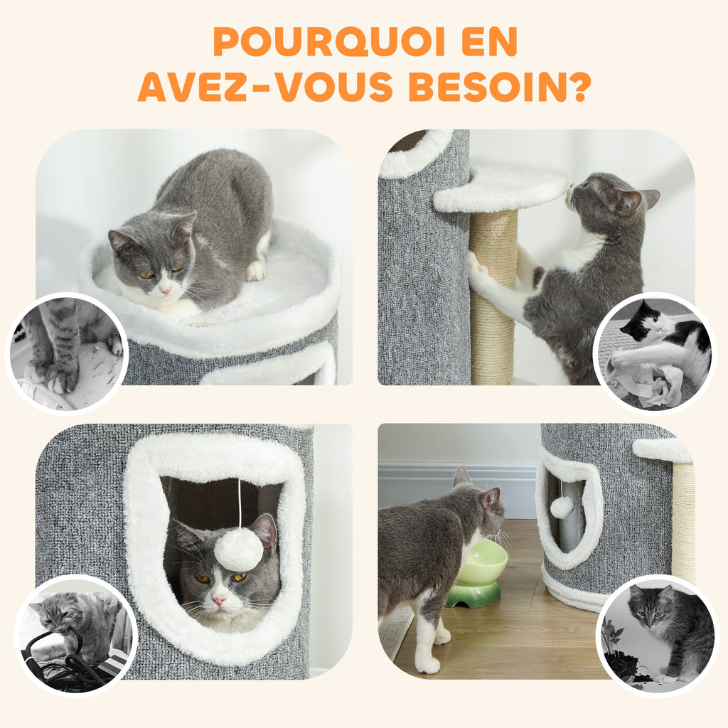 Tour pour chat à 4 niveaux arbre à chat stable avec griffoirs en sisal et bord en peluche 2 plateformes 50x36x101cm gris - Alma Nova Care