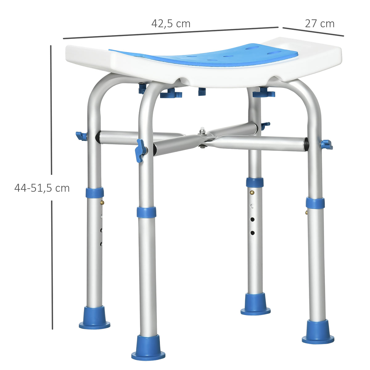 Douchestoel douchekruk - gevoerde en verstelbare zitting, antislip zuignapdoppen, van blauw aluminium