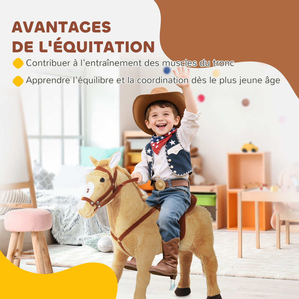 Staand pluche paard voor kinderen vanaf 2 jaar met geluidseffecten, zadel en hoofdstel, 85 cm (lengte), beige