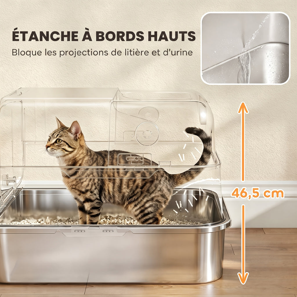 XXL Roestvrijstalen Kattentoilet, 90° Deksel, Dubbele Deur, Frontfilter, Schepje, 70x50x46,5cm, Grijs
