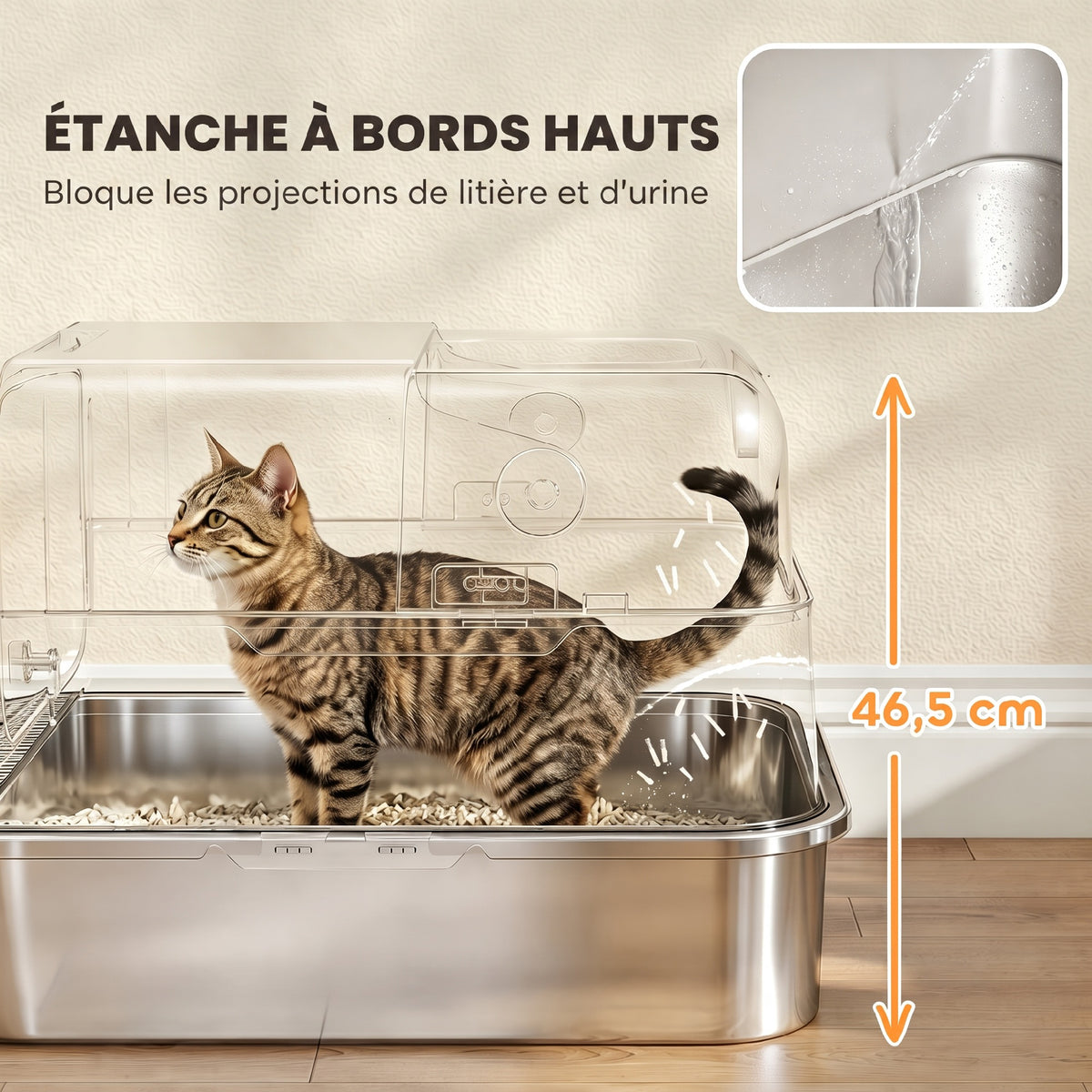 XXL Roestvrijstalen Kattentoilet, 90° Deksel, Dubbele Deur, Frontfilter, Schepje, 70x50x46,5cm, Grijs