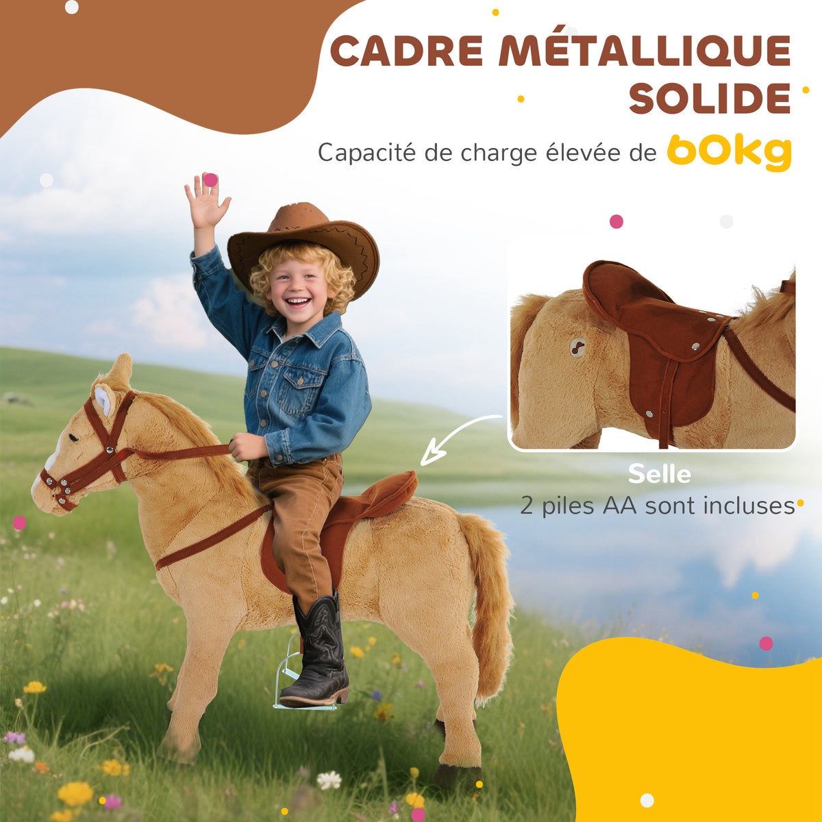 Staand pluche paard voor kinderen vanaf 2 jaar met geluidseffecten, zadel en hoofdstel, 85 cm (lengte), beige