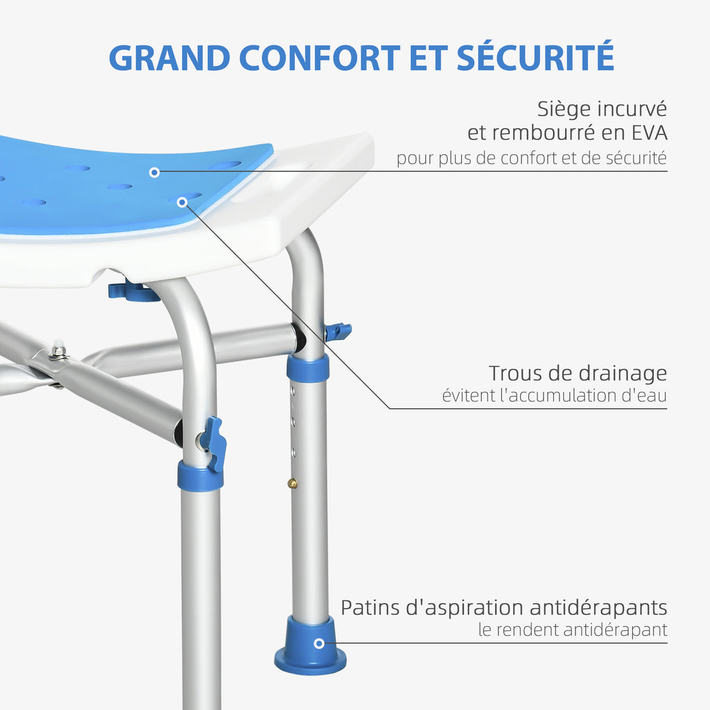 Douchestoel douchekruk - gevoerde en verstelbare zitting, antislip zuignapdoppen, van blauw aluminium