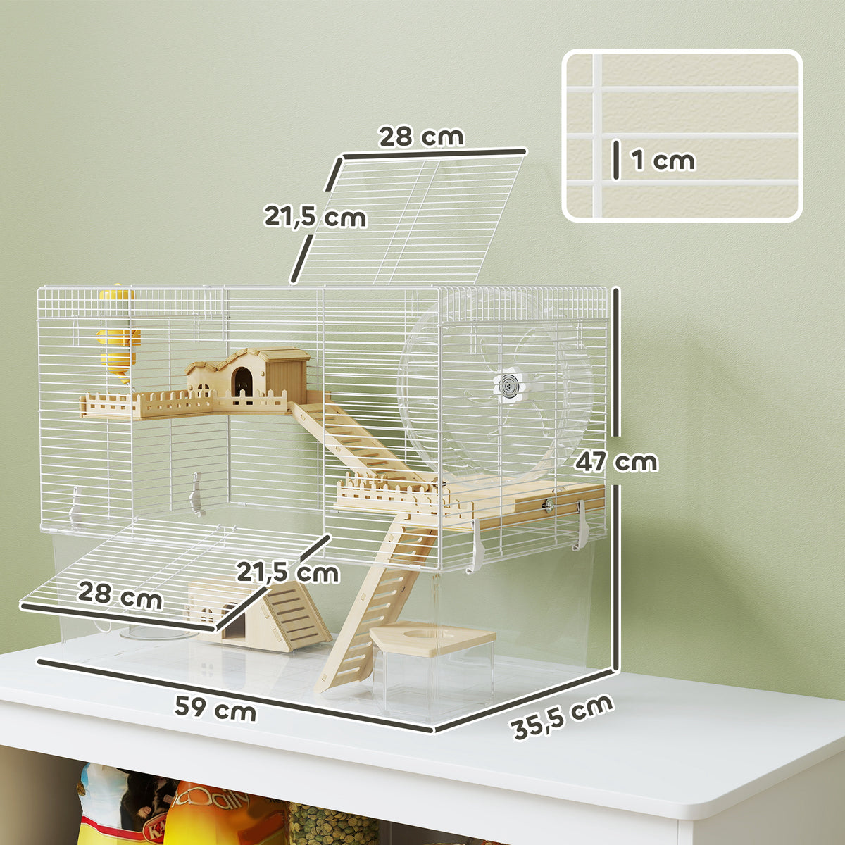Hamsterkooi met 3 verdiepingen, knaagdierkooi met loopwiel, transparante diepe onderbak, 59 x 35,5 x 47 cm, wit